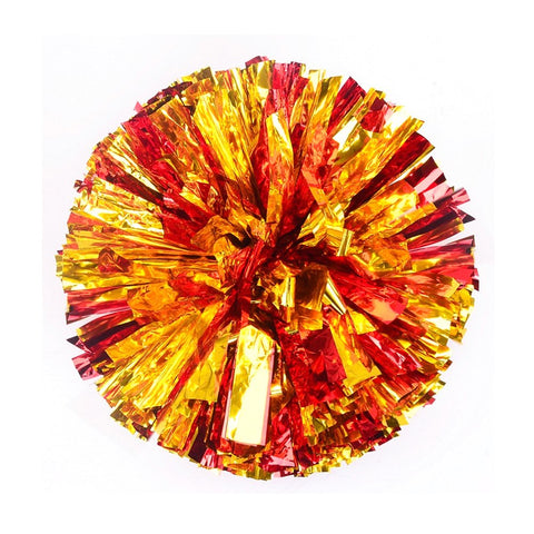 [100g] 1 Pair Cheerleading Poms Metallic Flower Ball Foil Pom Poms Plastic Ring Pom Poms[Gold +Red]