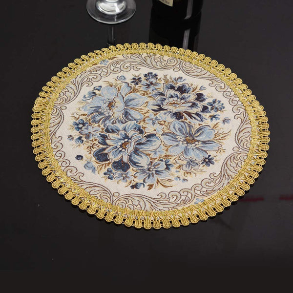 European Style Blue Floral Embroidery Place Mats Heat Resistant Washable Round Table Mat Coasters