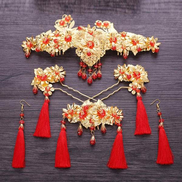 Chinese Traditional Bridal Hair Ornaments With Tassels Earrings Set Hair Pins Decorative