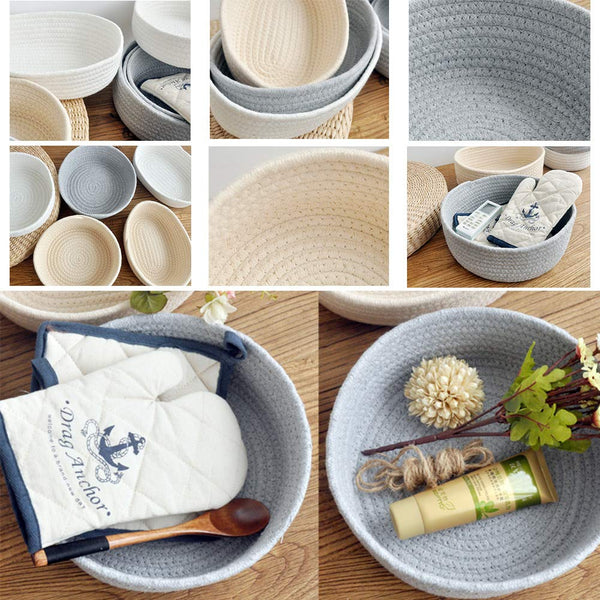 Set of 3 Round Cotton Rope Storage Basket Laundry Basket with Handles Nursery Hamper Organizer White