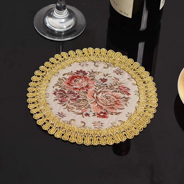 2 Pcs Red Floral Embroidery Place Mats Heat Resistant Washable Round Table Mat Coasters