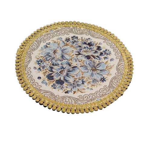 European Style Blue Floral Embroidery Place Mats Heat Resistant Washable Round Table Mat Coasters