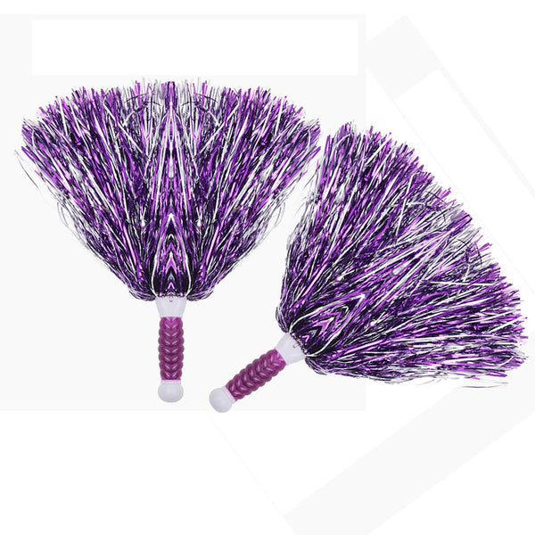 Lanburch (100 g) 2 Packs Cheerleading Poms Metallic Foil Pom Poms with Plastic Baton Handle Squad Cheer Sports Party Dance Useful Accessories (Purple and Silver)