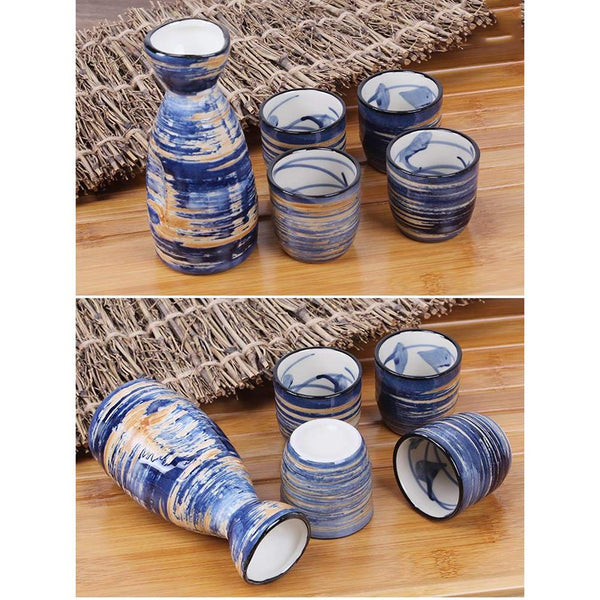 Japanese Style Creative Blue Strips Ceramic Sake Sets 1 Decanter with 4 Cups