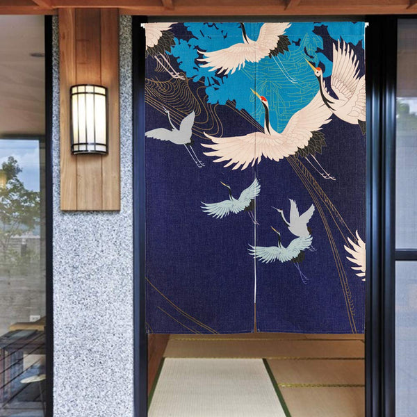 33 x 47 Inches Door Curtain Hallway Restaurant Entrance Thicken Curtain White Cranes Print Noren Curtain Cyan