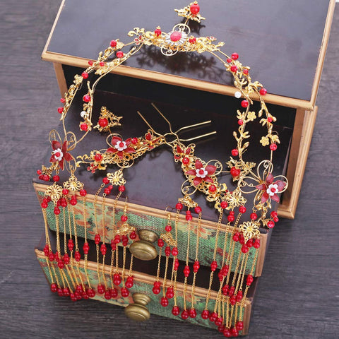 Chinese Ancient Bridal Hair Accessories With Styling Earrings Set Vintage Delicate Hair Sets