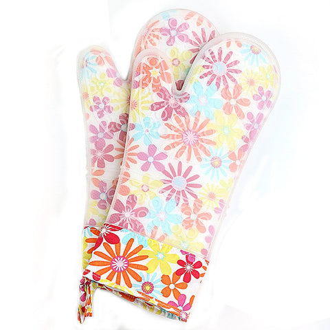 Set of 2 Oven Mitts Heat Resistant Silicone Oven Mitts Floral Oven Gloves Silicone Mitts Extra Long