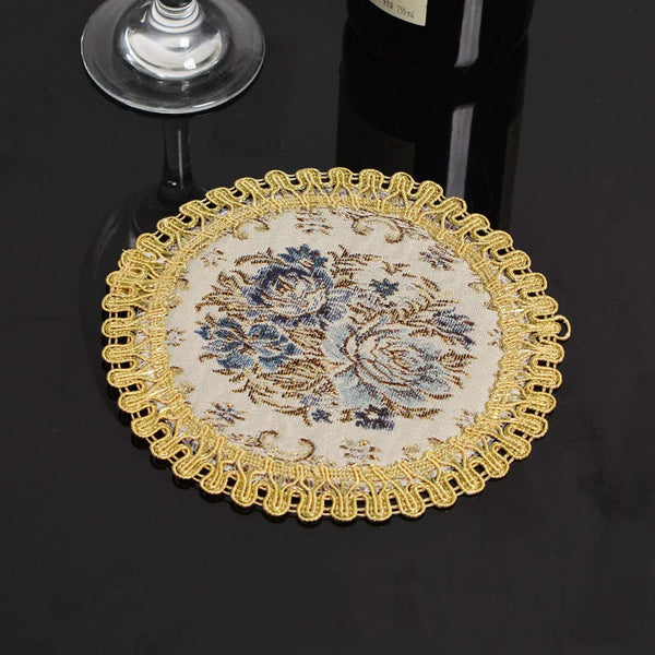 2 Pcs Blue Floral Embroidery Place Mats Heat Resistant Washable Round Table Mat Coasters