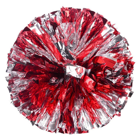 [100g] 1 Pair Cheerleading Poms Metallic Flower Ball Foil Pom Poms Plastic Ring Pom Poms [Red+Silver]