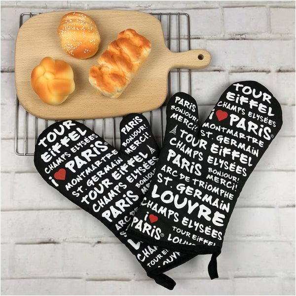 Set of 2 Oven Mitts Heat Resistant Kitchen Gloves Text Print Oven Gloves Potholders Black