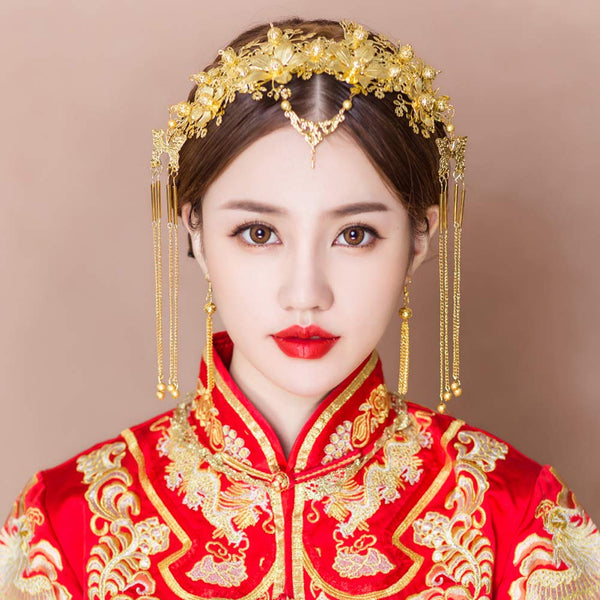 Chinese Style Traditional Bridal Hair Ornaments Wedding Hair Styling Side Comb Earrings Set Gold