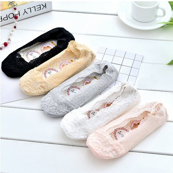 5 Pairs Women No Show Liner Socks, Thin Casual Low Cut Socks Silk Lace Cotton Socks (Black)