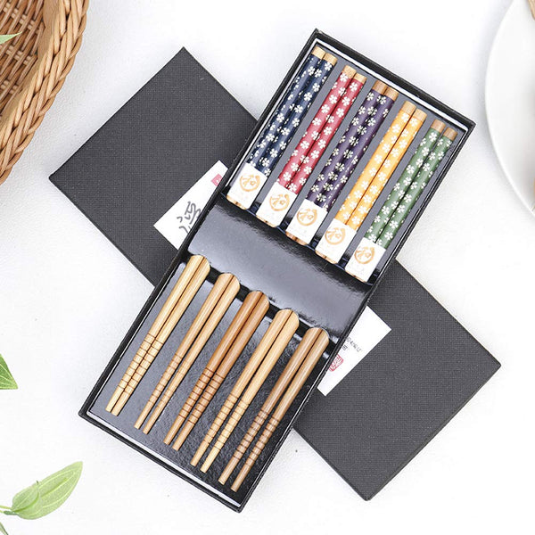 Chinese/Japanese Style 5 Pairs Bamboo Chopsticks Utensil Set with Gift Case (Sakura)