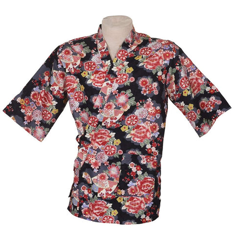 Vintage Colorful Floral Print Chefs Clothes Kimono Style Half Sleeve Uniform Sushi Restaurant Chef Waitress Workwear Black