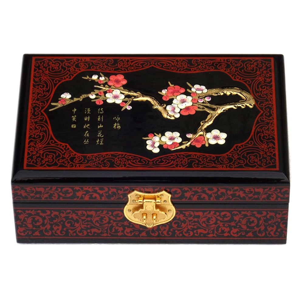 Chinese Style Two-Layer Wooden Jewelry Box Organizer Display Storage Case with Lock, Brown Plum