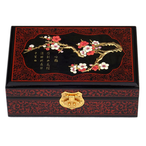 Chinese Style Two-Layer Wooden Jewelry Box Organizer Display Storage Case with Lock, Brown Plum