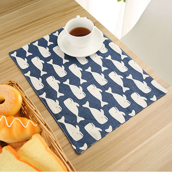 Whale-Print Cotton Linen Double Layers Washable Table Mat Set of 4 Heat Stain Resistant Placemat Blue
