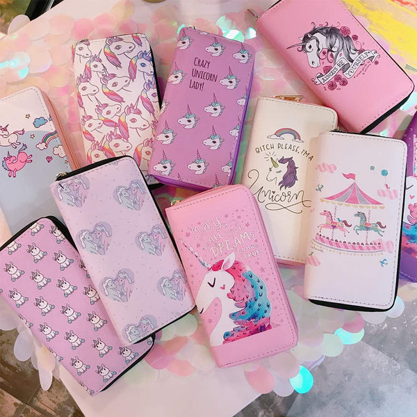 7.48x3.93 Inches Stylish Women Long Purse Cute Unicorn Print Purse PU Leather Wallet Pink