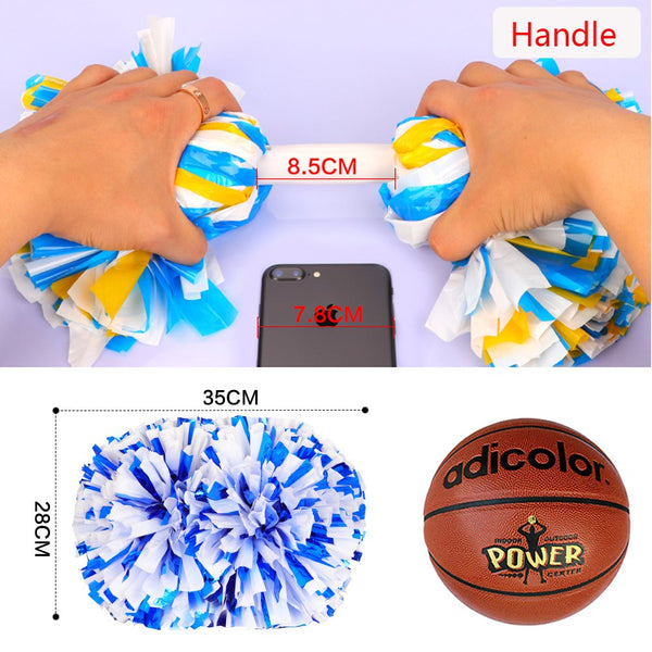 [100g] 1 Pair PES Flower Ball Foil Pom Poms with White Plastic Handle Pom Poms for Cheerleading[Blue+Yellow+White]