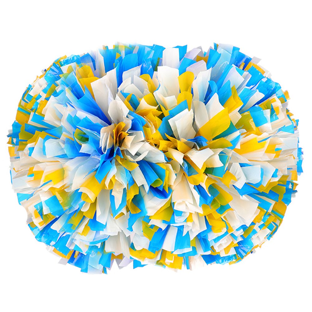 [100g] 1 Pair PES Flower Ball Foil Pom Poms with White Plastic Handle Pom Poms for Cheerleading[Blue+Yellow+White]