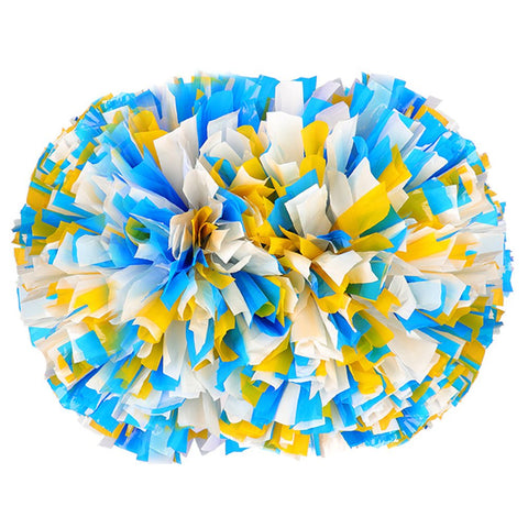 [100g] 1 Pair PES Flower Ball Foil Pom Poms with White Plastic Handle Pom Poms for Cheerleading[Blue+Yellow+White]