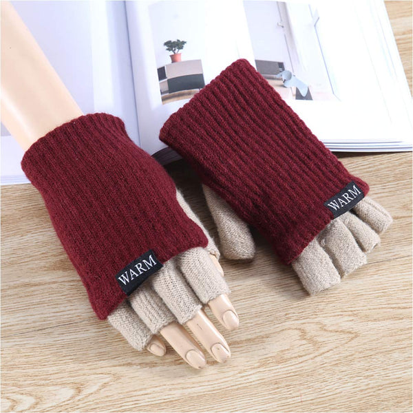 1 Pair Simple Style Woolen Gloves Half Finger Winter Warm Gloves for Women (Red+Beige)