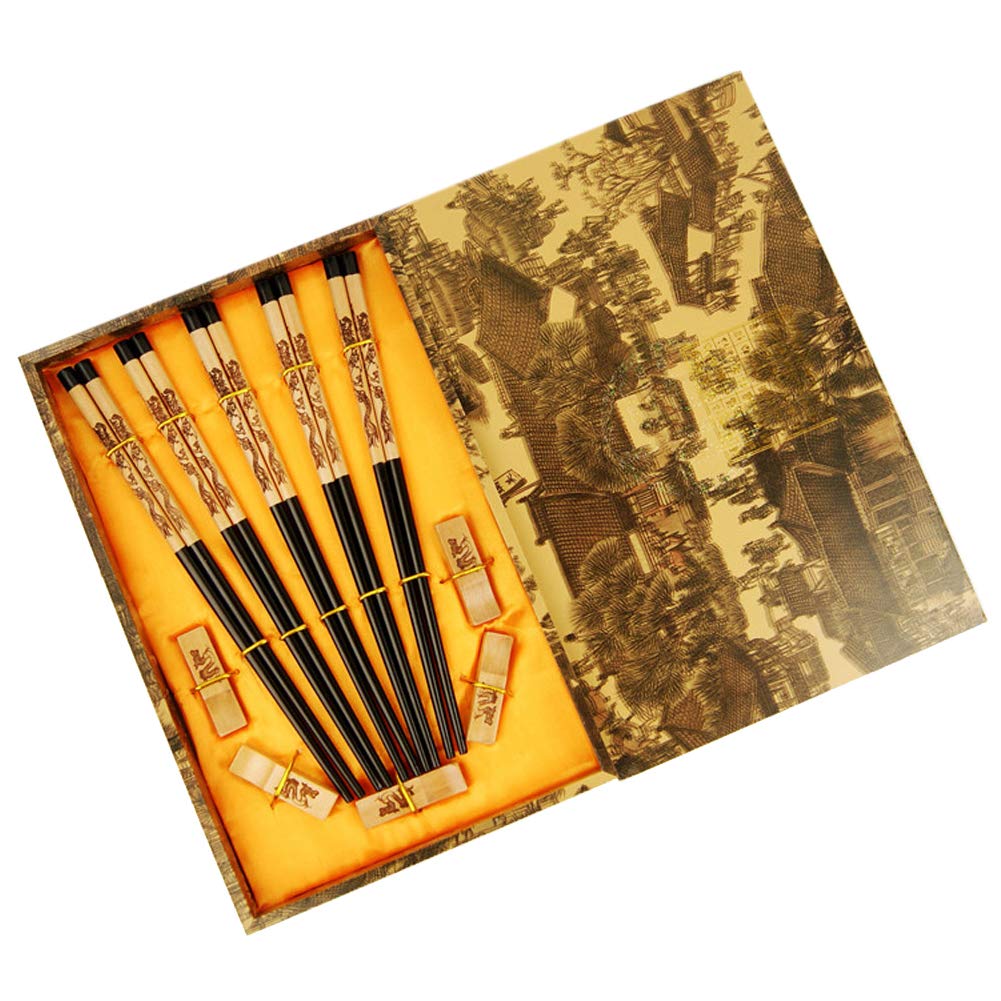 Chinese/Japanese Style 5 Pairs Wooden Chopsticks Utensil Set with Gift Case (Chinese Dragon)