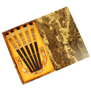 Chinese/Japanese Style 5 Pairs Wooden Chopsticks Utensil Set with Gift Case (Chinese Dragon)