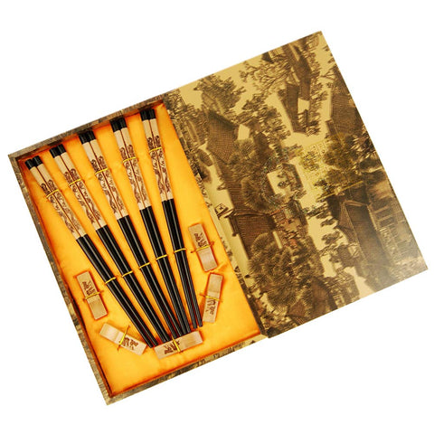 Chinese/Japanese Style 5 Pairs Wooden Chopsticks Utensil Set with Gift Case (Chinese Dragon)