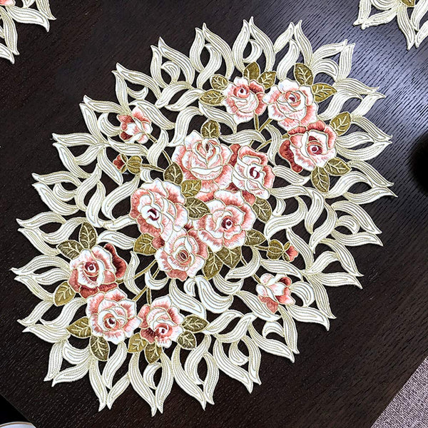 Rose Hollow Out Embroidery Place Mats Round Heat Resistant Washable Table Runner XL