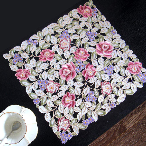 2 Pcs Floral Hollow Out Embroidery Place Mats Heat Resistant Washable Coasters